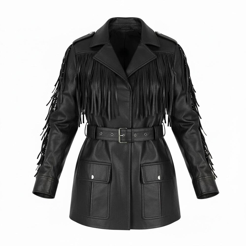 Walter Baker Linda Fringe Belted Lamb Leather Jacket Black Size S